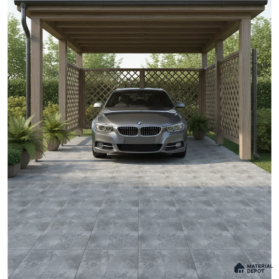 Modern parking with grey patterned floor tiles and wooden pergola structure
