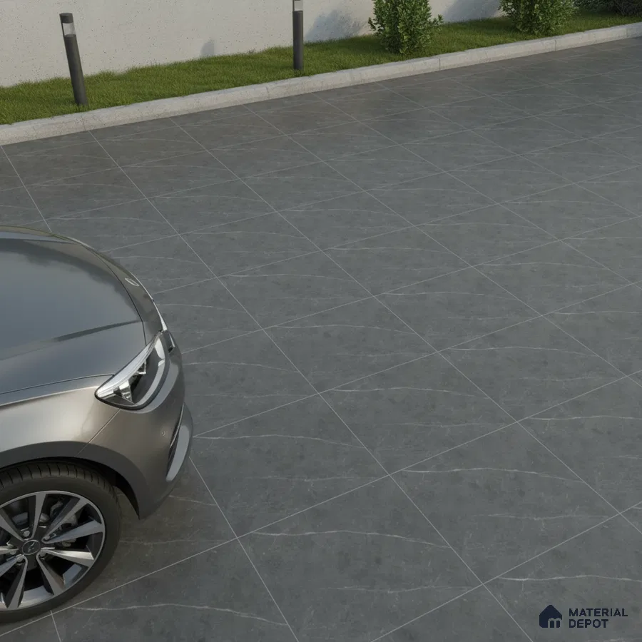 Modern parking area with charcoal grey stone-look floor tiles