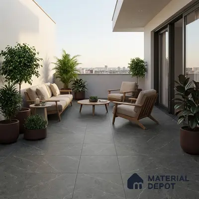 Scandinavian balcony with grey stone floor tiles and natural wood outdoor furniture