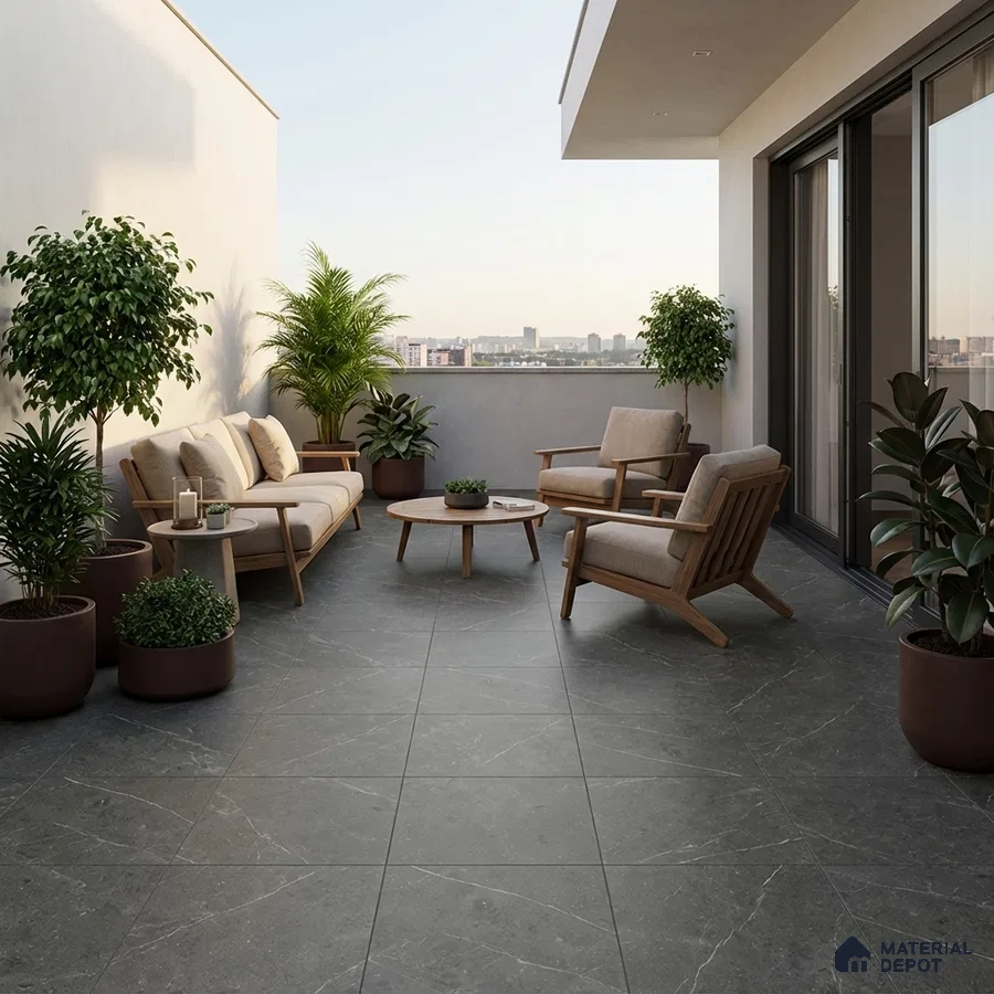 Scandinavian balcony with grey stone floor tiles and natural wood outdoor furniture