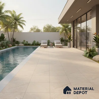 Modern outdoor poolside with beige stone-look floor tiles and tropical landscaping