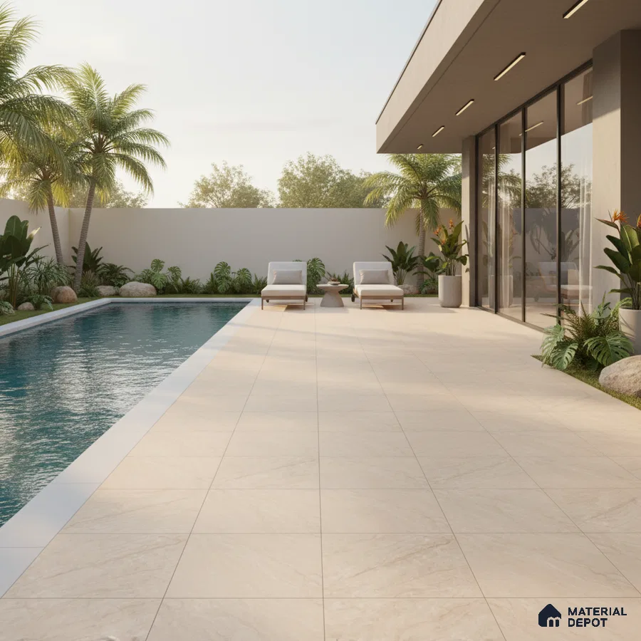 Modern outdoor poolside with beige stone-look floor tiles and tropical landscaping