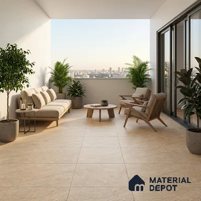 Scandinavian balcony with beige stone-look floor tiles and natural wood outdoor furniture