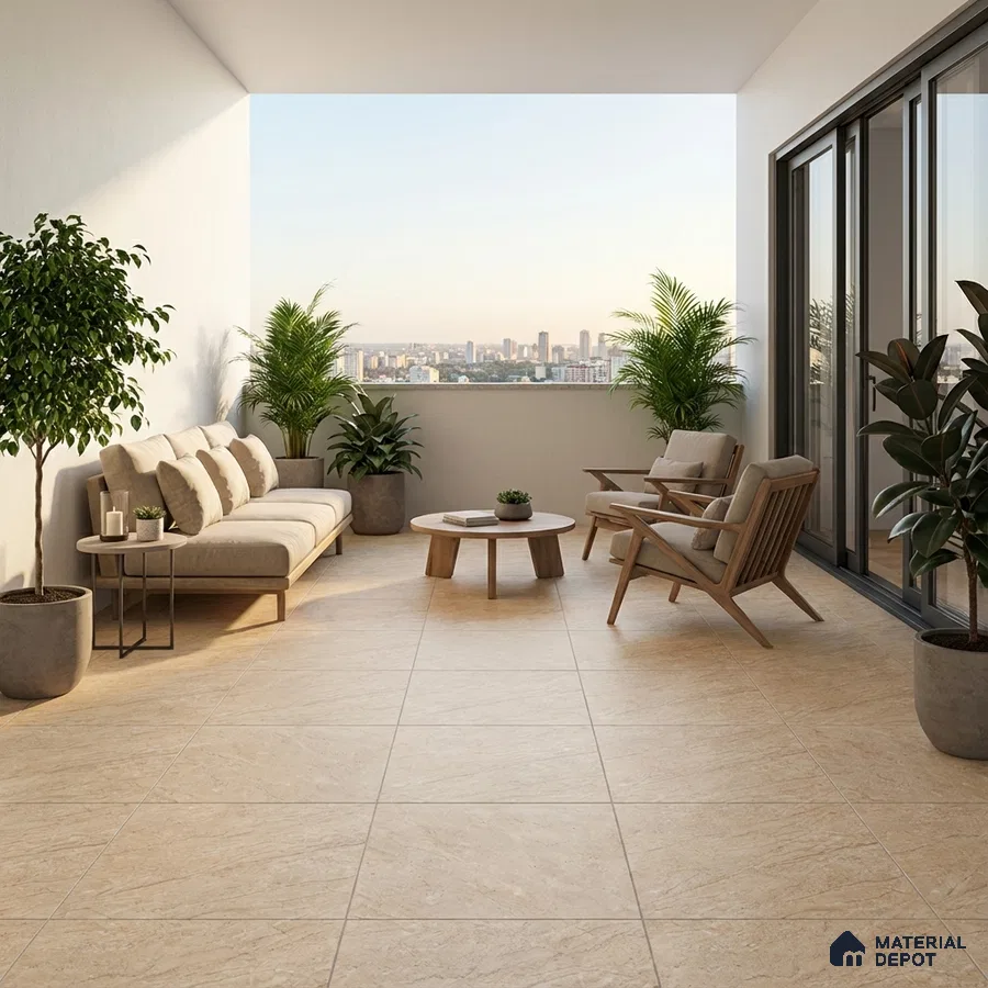 Scandinavian balcony with beige stone-look floor tiles and natural wood outdoor furniture