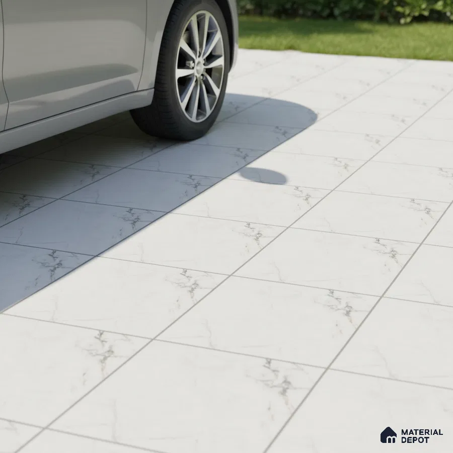 Modern parking area with white marble-look floor tiles