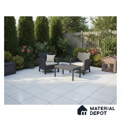Modern outdoor patio with white marble-look floor tiles and rattan furniture