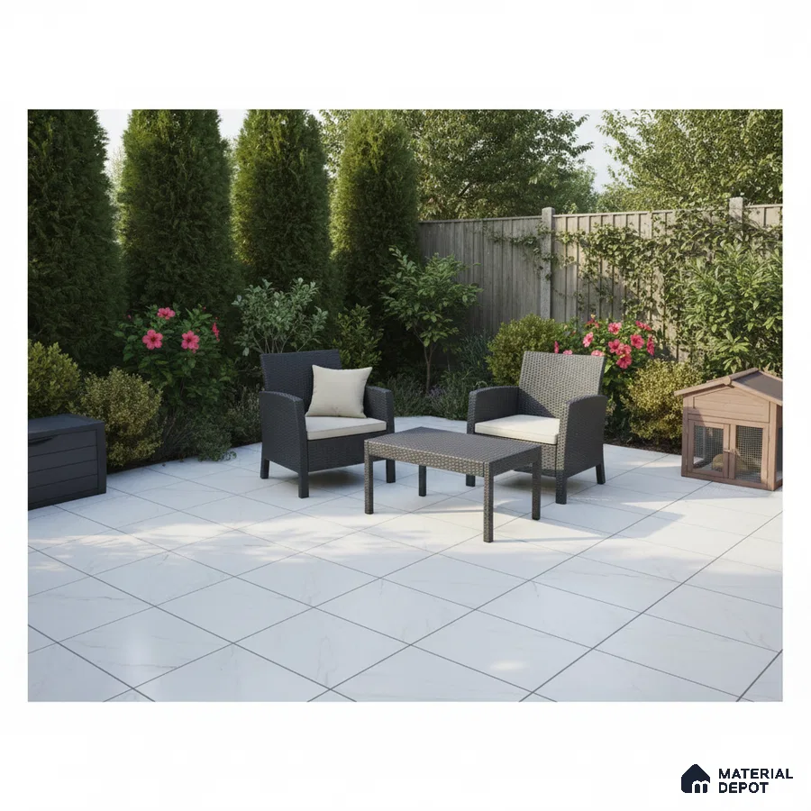 Modern outdoor patio with white marble-look floor tiles and rattan furniture