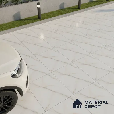 Modern parking with white marble-look floor tiles and subtle gold veins