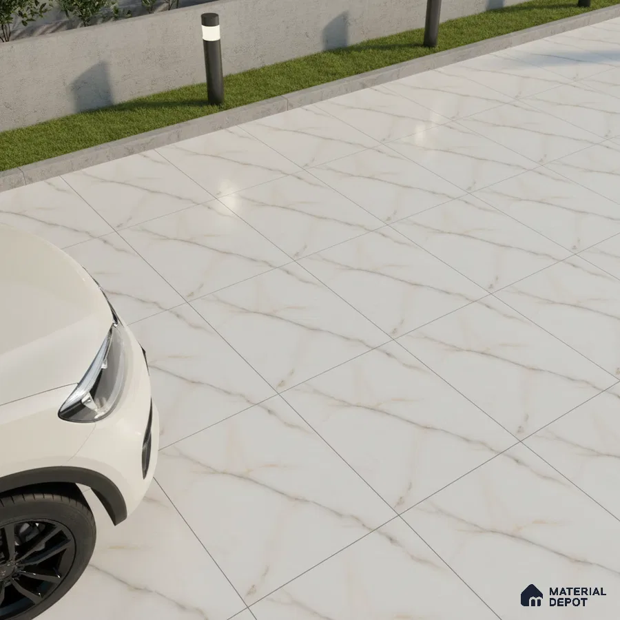 Modern parking with white marble-look floor tiles and subtle gold veins