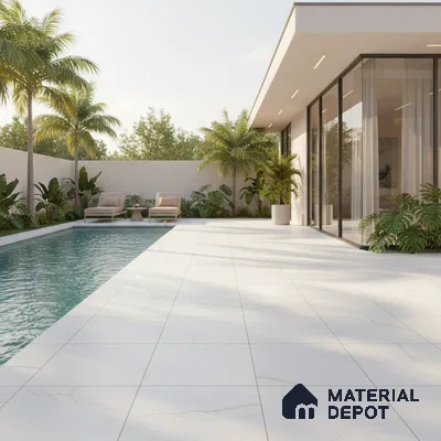 Modern outdoor poolside with white marble-look floor tiles and glass facade