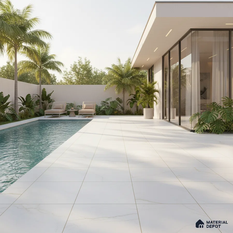 Modern outdoor poolside with white marble-look floor tiles and glass facade