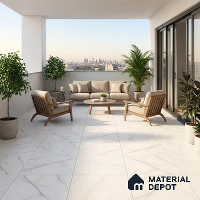 Modern balcony with white marble-look floor tiles and natural wood outdoor furniture