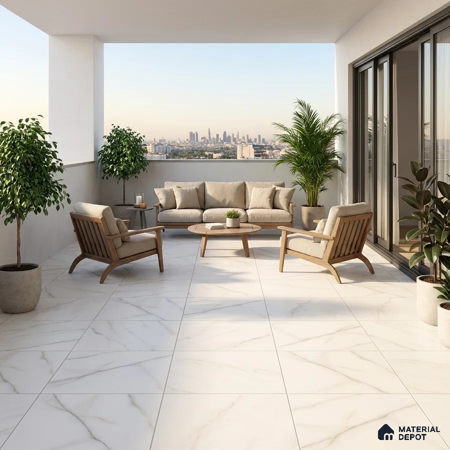 Modern balcony with white marble-look floor tiles and natural wood outdoor furniture