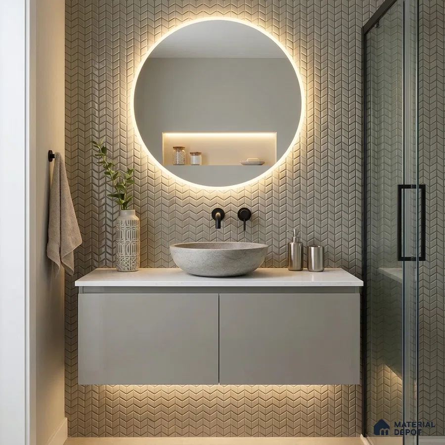 Modern Bathroom with Grey Chevron Mosaic Tile and Round Mirror