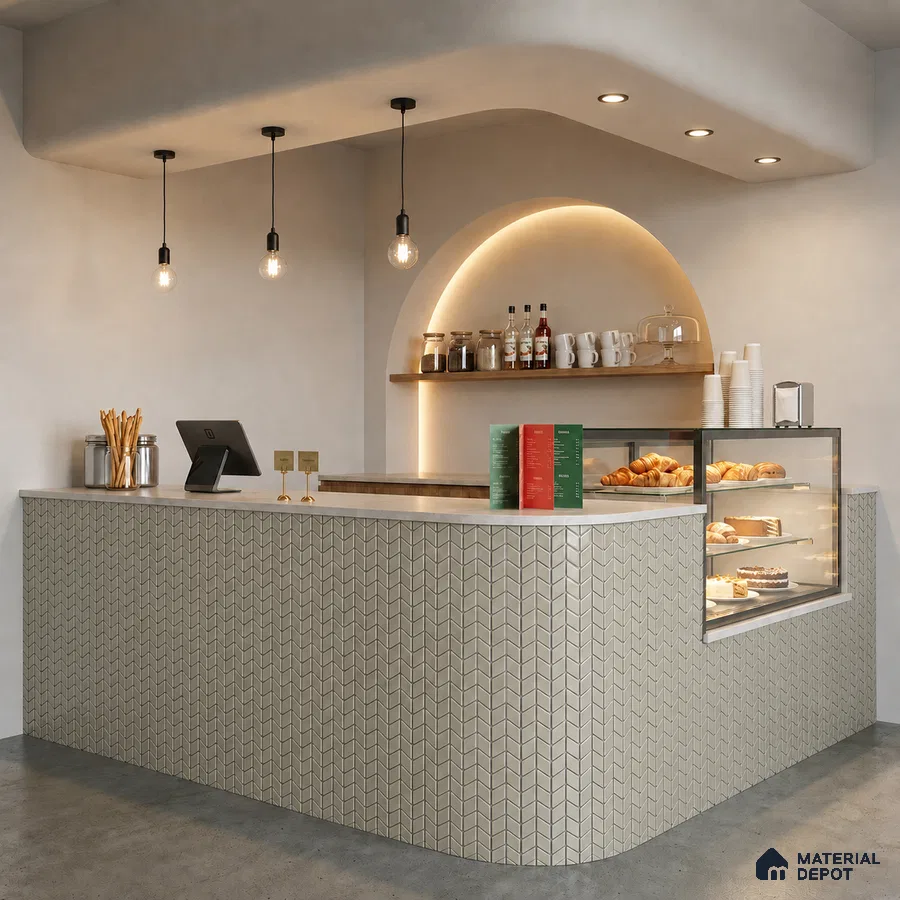 Modern Cafe Counter with Grey Chevron Mosaic Tile