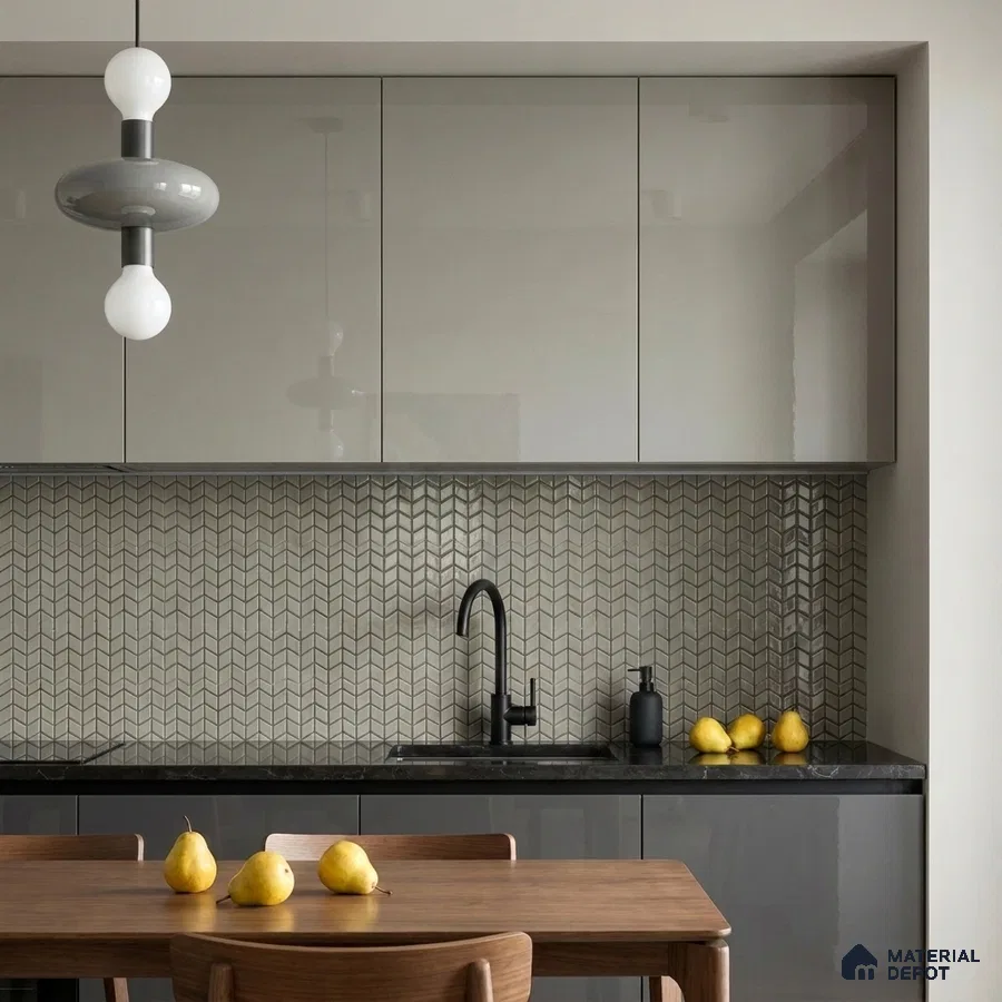 Modern Kitchen with Grey Chevron Mosaic Backsplash Tile