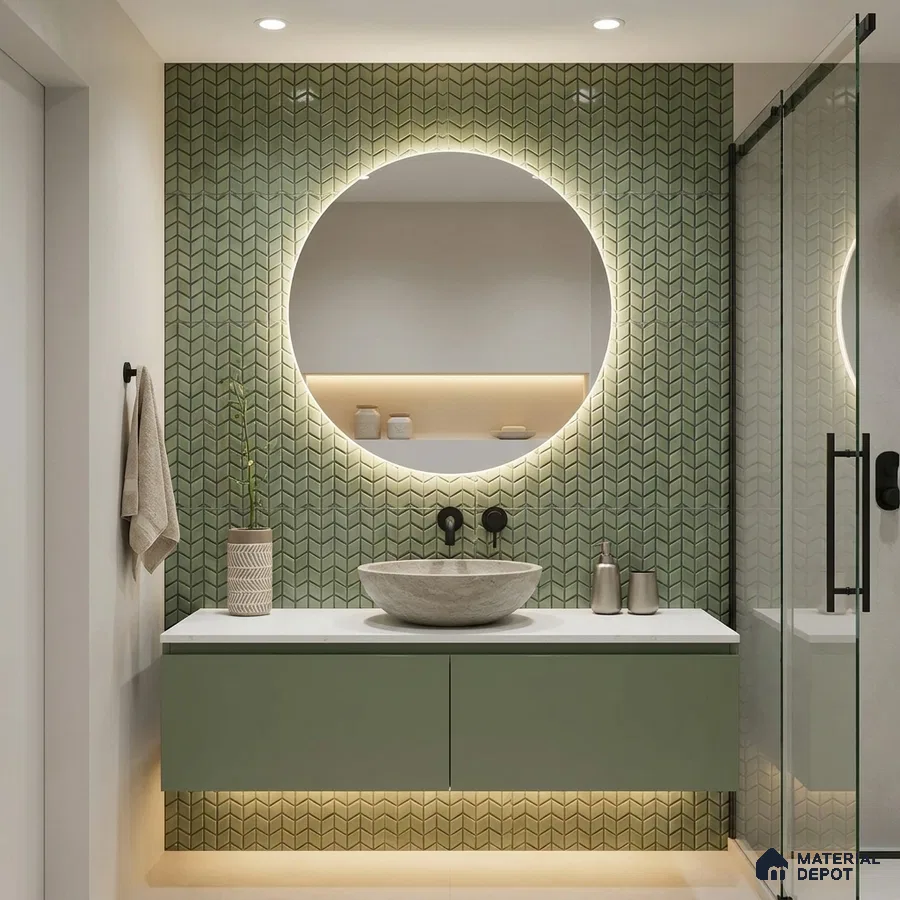 Modern Bathroom with Sage Green Chevron Mosaic Tile and Round Mirror