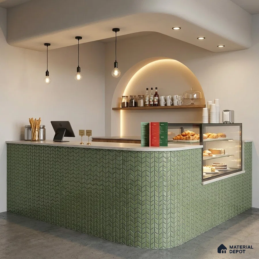 Modern Cafe Counter with Sage Green Chevron Mosaic Tile