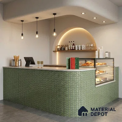 Modern Cafe Counter with Sage Green Chevron Mosaic Tile
