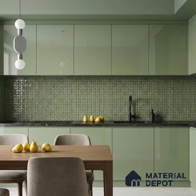 Modern Kitchen with Sage Green Chevron Mosaic Backsplash Tile