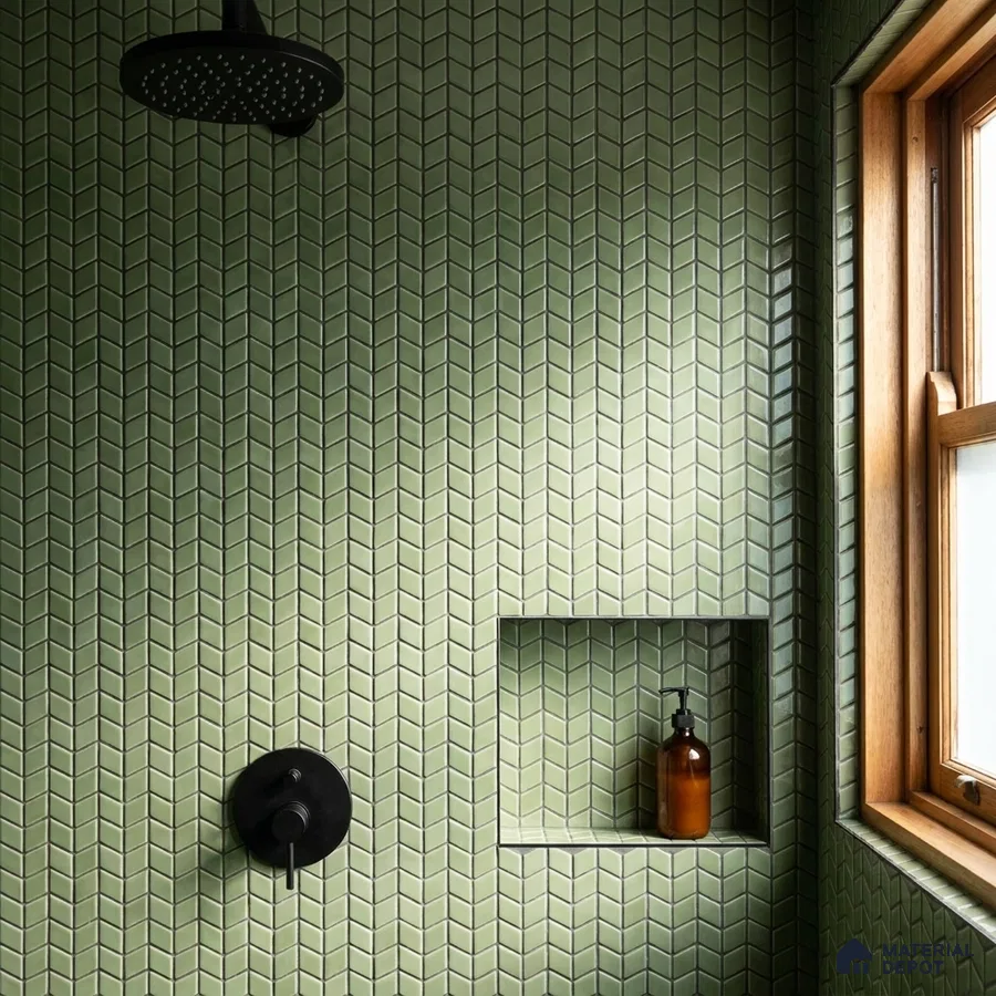 Modern Bathroom with Sage Green Chevron Mosaic Tile