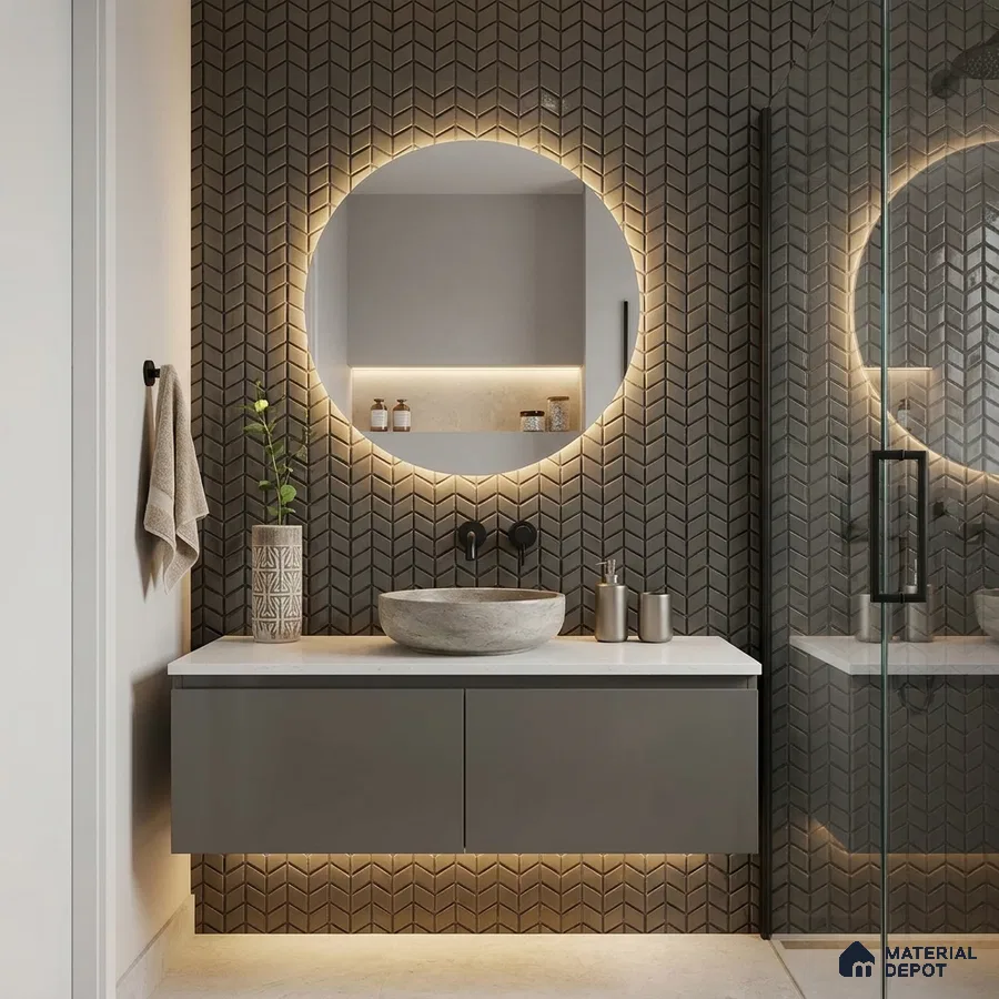 Modern Bathroom with Charcoal Chevron Mosaic Tile and Round Mirror