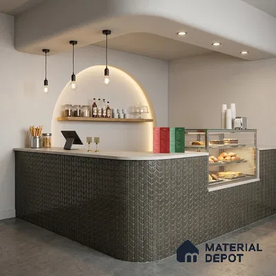 Modern Cafe Counter with Charcoal Chevron Mosaic Tile