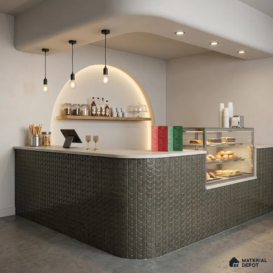 Modern Cafe Counter with Charcoal Chevron Mosaic Tile