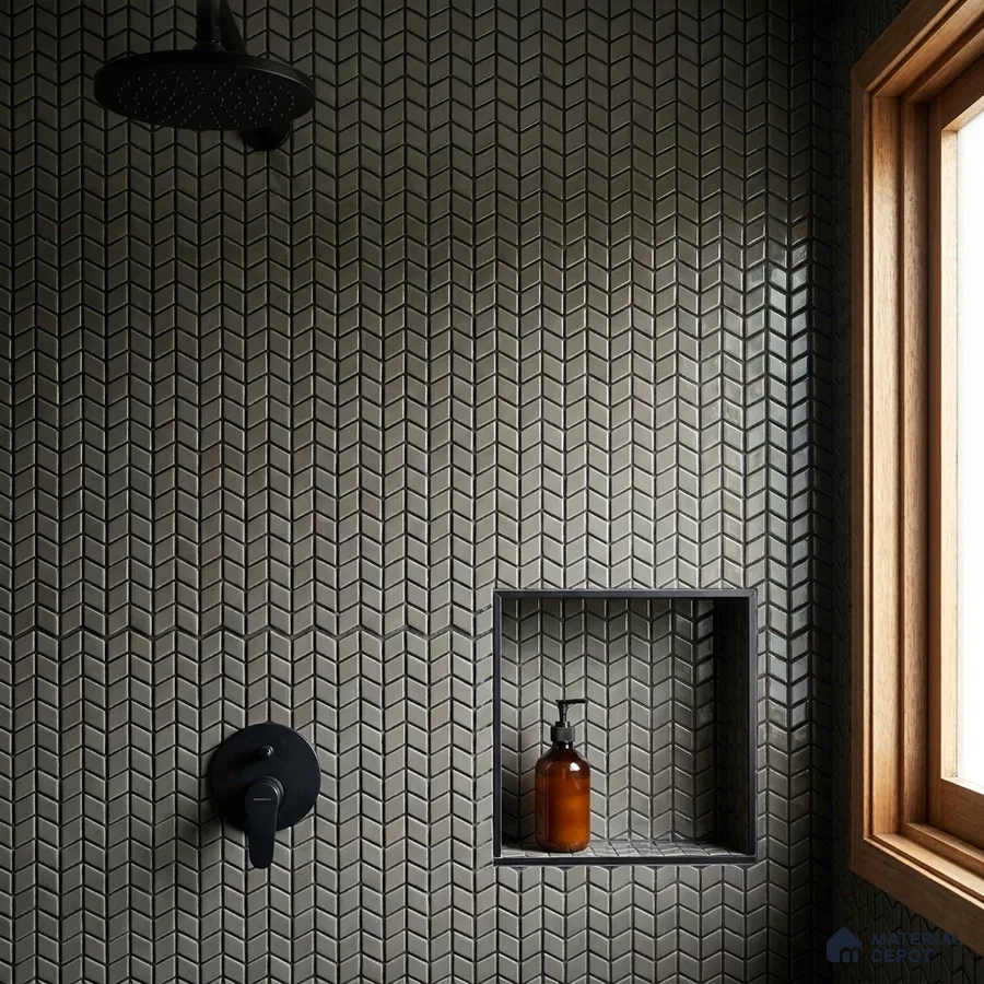 Modern Shower Area with Charcoal Grey Chevron Mosaic Tile and Matte Black Fixtures