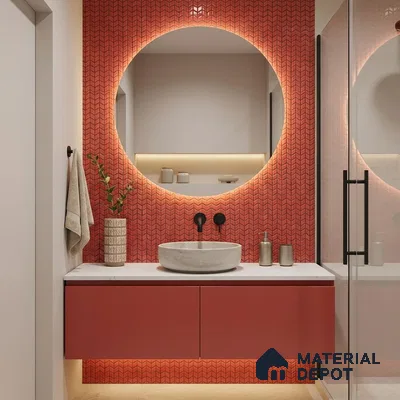 Modern Bathroom with Coral Red Chevron Mosaic Tile and Round Backlit Mirror