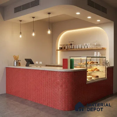 Modern Cafe Counter with Coral Red Chevron Mosaic Tile Cladding