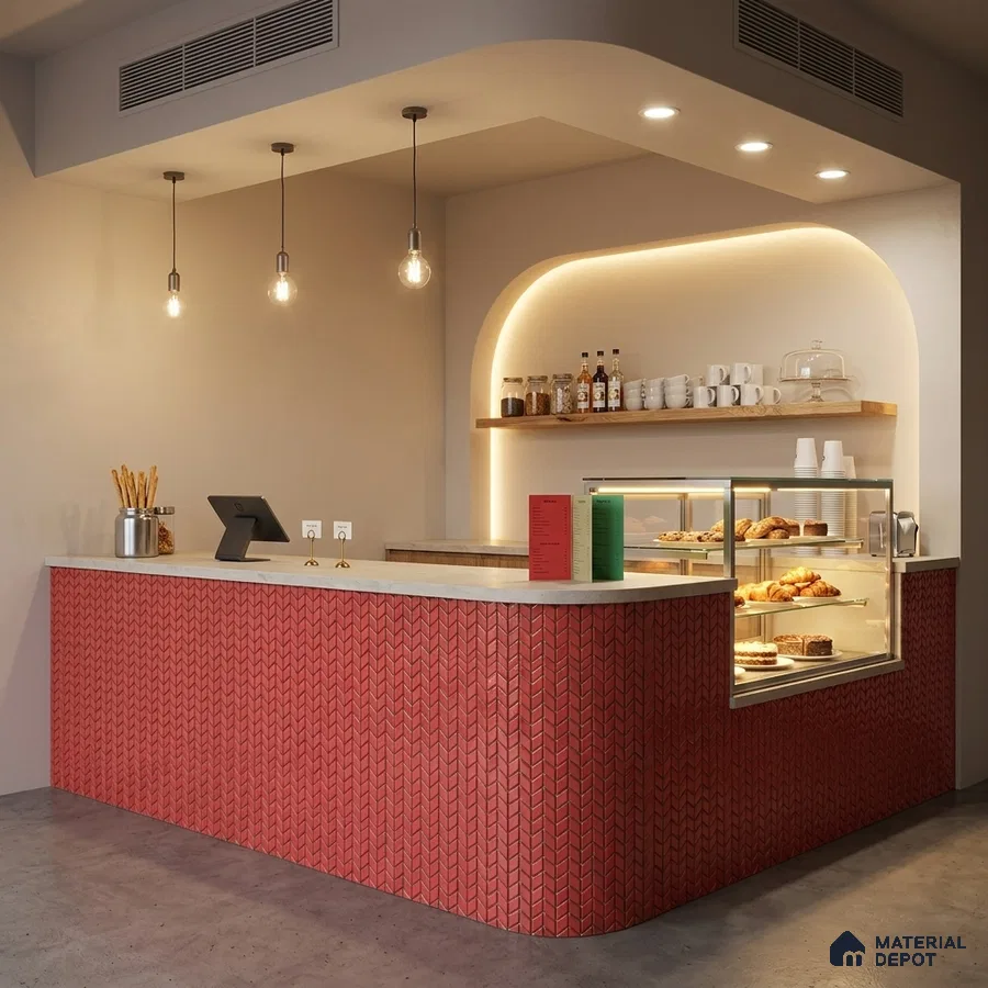 Modern Cafe Counter with Coral Red Chevron Mosaic Tile Cladding