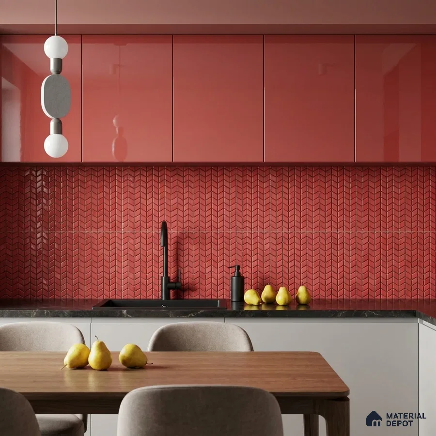 Modern Kitchen with Glossy Red Chevron Mosaic Backsplash Tile and Red Cabinets
