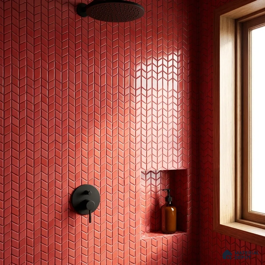 Modern Shower Area with Glossy Red Chevron Mosaic Tile and Matte Black Fixtures
