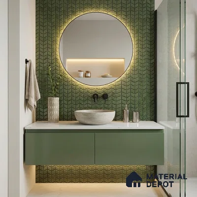 Modern Bathroom with Olive Green Chevron Mosaic Tile and Round Backlit Mirror
