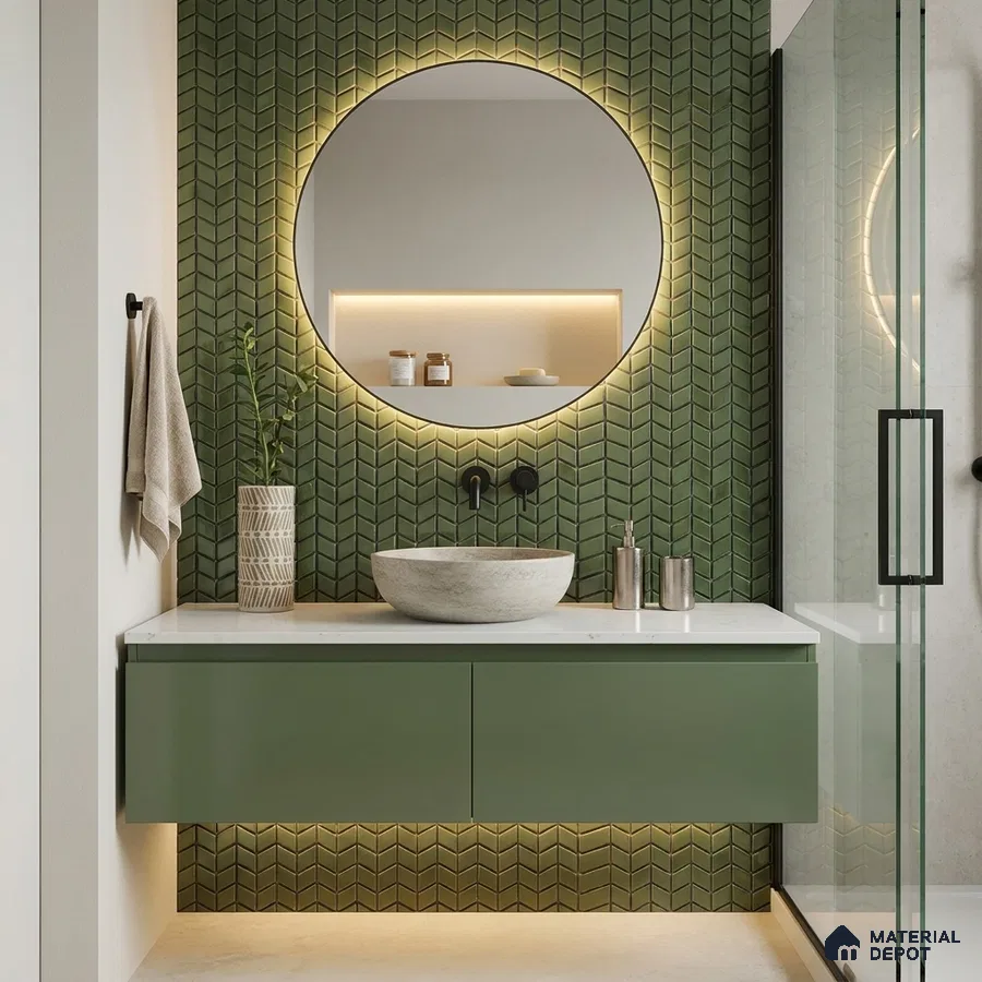 Modern Bathroom with Olive Green Chevron Mosaic Tile and Round Backlit Mirror