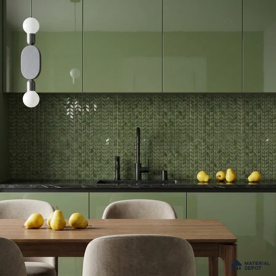 Modern Kitchen with Glossy Olive Green Chevron Mosaic Backsplash Tile and Green Cabinets