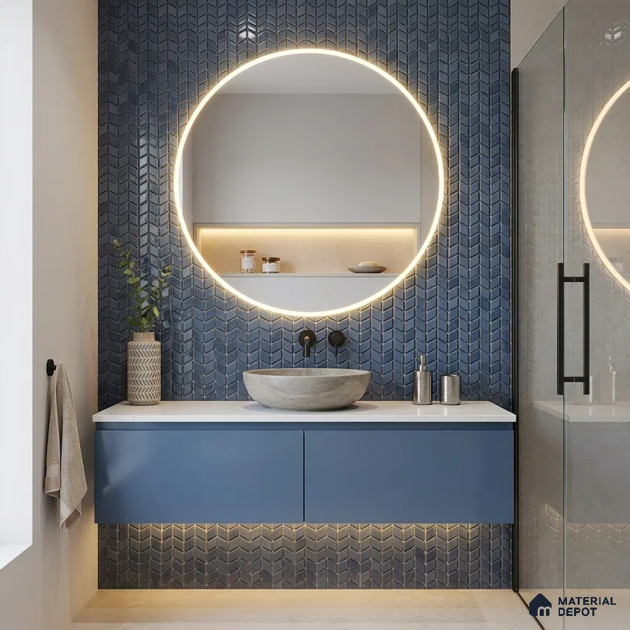 Modern Bathroom with Slate Blue Chevron Mosaic Tile and Round Backlit Mirror