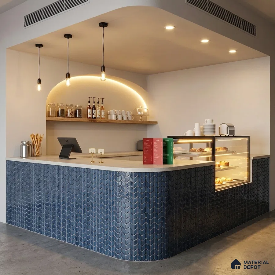 Modern Cafe Counter with Slate Blue Chevron Mosaic Tile Cladding
