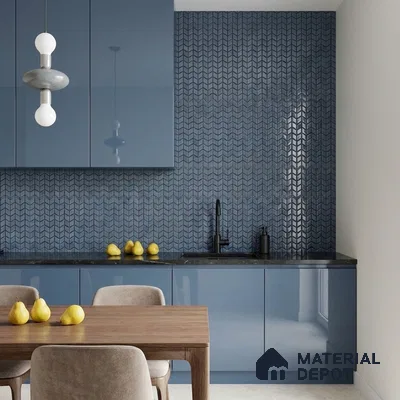 Modern Kitchen with Glossy Slate Blue Chevron Mosaic Backsplash Tile and Blue Cabinets