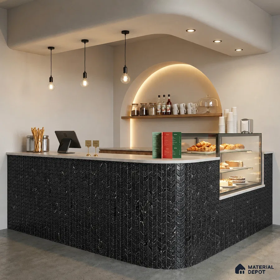 Modern Cafe Counter with Black Chevron Mosaic Tile Cladding