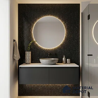 Modern Bathroom with Black Chevron Mosaic Tile and Round Backlit Mirror