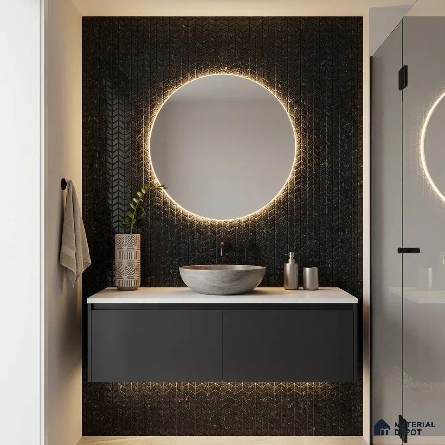 Modern Bathroom with Black Chevron Mosaic Tile and Round Backlit Mirror