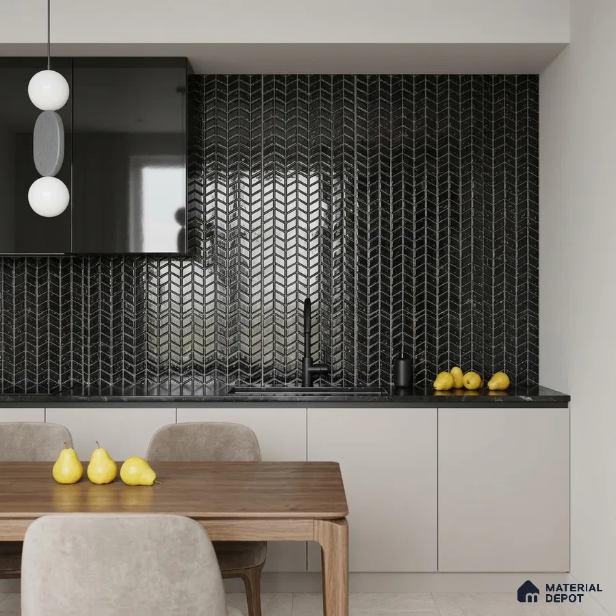 Modern Kitchen with Glossy Black Chevron Mosaic Backsplash Tile and Black Stone Countertop