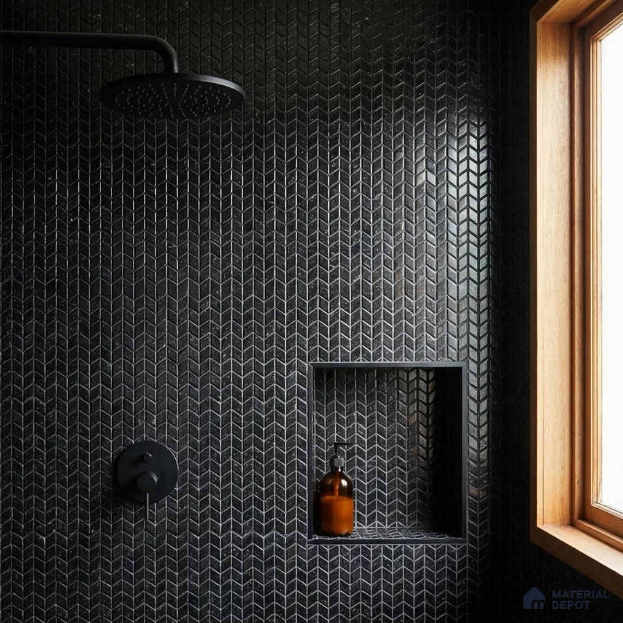 Modern Shower Area with Black Chevron Mosaic Tile and Matte Black Fixtures