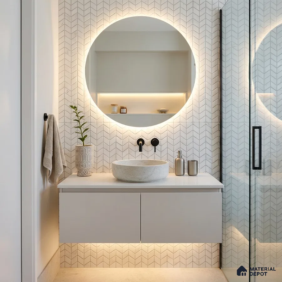 Minimalist Bathroom with White Chevron Mosaic Tile and Round Backlit Mirror