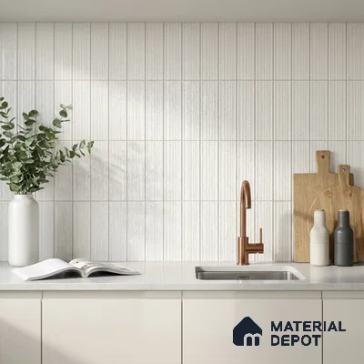 Scandinavian Kitchen with Cream Fluted Vertical Subway Tile and Copper Faucet