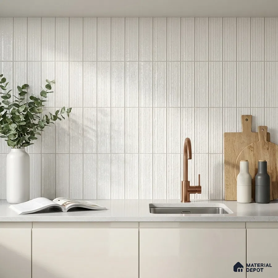Scandinavian Kitchen with Cream Fluted Vertical Subway Tile and Copper Faucet