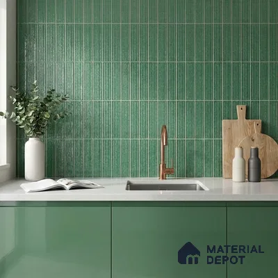 Modern Kitchen with Emerald Green Glossy Backsplash Tile and Green Cabinets