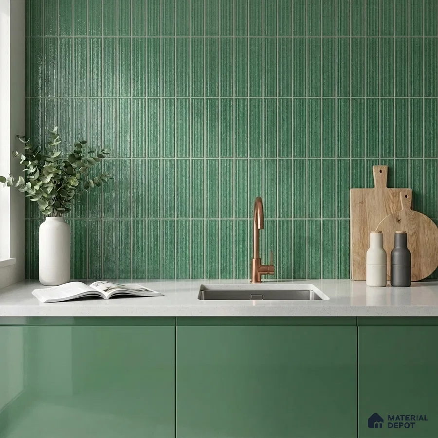 Modern Kitchen with Emerald Green Glossy Backsplash Tile and Green Cabinets